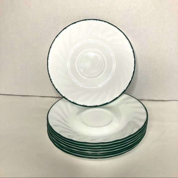 Vintage Set of 8 Corelle Saucers  Swirl Green Rim - Picture 1 of 3